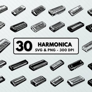 May include: A set of 30 black and white harmonica illustrations. The harmonicas are drawn in a vintage style and are perfect for use in digital projects or printed designs.  30 HARMONICA SVG & PNG - 300 DPI