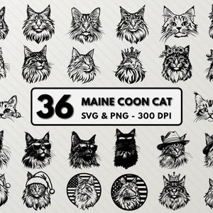 Maine Coon Cat Svg Bundle, Maine Coon Cat Silhouette PNG, Cat Breeds Svg Vector Png Decal, Cute Cat Svg Clipart Icon, Cats Outline Cut Files