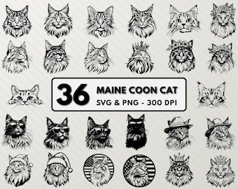 Maine Coon Cat SVG Bundle, Vector Clipart, Outline Cut Files (PNG)
