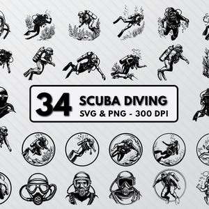 May include: A set of 34 black and white illustrations of scuba divers in various poses. The illustrations are in a vintage style and are perfect for use in a variety of projects, such as t-shirts, mugs, and posters. The text "34 SCUBA DIVING SVG & PNG - 300 DPI" is included in the image.