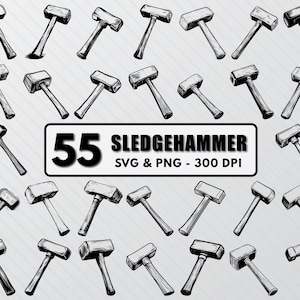 Puede incluir: Un conjunto de 55 ilustraciones de mazos de demolición dibujadas a mano en blanco y negro. Las ilustraciones están en una variedad de poses y ángulos. El texto "55 SLEDGEHAMMER SVG & PNG - 300 DPI" está en la parte inferior de la imagen.