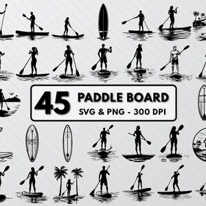 Puede incluir: Un conjunto de 45 ilustraciones en silueta en blanco y negro de personas haciendo paddleboard. Las ilustraciones están en varias poses e incluyen diferentes diseños de paddleboard. El texto "45 Paddle Board SVG & PNG - 300 DPI" está en la parte superior de la imagen.