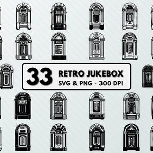 May include: A set of 33 black and white retro jukebox illustrations. The illustrations are in a vintage style and feature various designs. The text "33 Retro Jukebox SVG & PNG - 300 DPI" is at the top of the image.