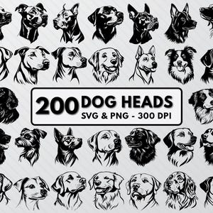 May include: A collection of 200 black and white dog head illustrations. The illustrations are in a variety of breeds and poses. The text "200 DOG HEADS SVG & PNG - 300 DPI" is at the bottom of the image.