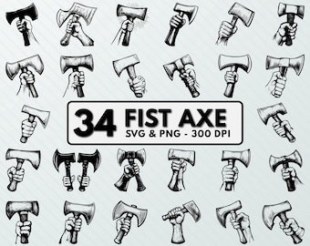Op de afbeelding: Een set van 34 zwart-wit illustraties van vuistbijlen. De illustraties zijn in vintage stijl en tonen een verscheidenheid aan bijlontwerpen. De tekst "34 FIST AXE SVG & PNG - 300 DPI" is opgenomen in de afbeelding.