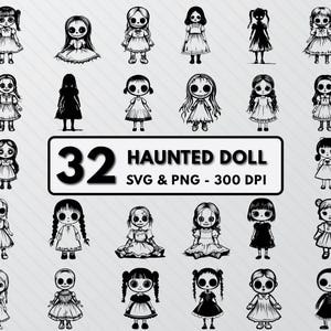 Haunted Doll Svg Bundle, Haunted Doll Silhouette, Creepy Doll Clipart, Creepy Doll Png Files Decal Outline, Haunted Doll Vector Icon Svg Set