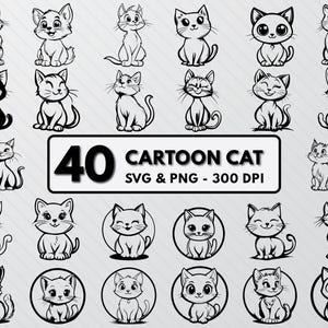 Paquete de Svg de gato de dibujos animados, silueta de gato de dibujos animados, vector de Svg de gato de dibujos animados dibujado a mano, icono de clipart de Svg de gatito lindo, archivo de corte de contorno de gato de dibujos animados