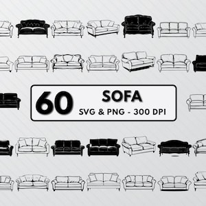 Op de afbeelding: Een set van 60 zwart-witte lijntekeningen van banken in verschillende stijlen. De afbeelding bevat de tekst "SOFA SVG & PNG - 300 DPI".