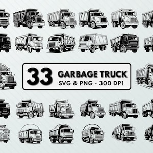 Pode incluir: Um conjunto de 33 ilustrações em preto e branco de caminhões de lixo. As ilustrações são de estilo vintage e são perfeitas para usar em uma variedade de projetos, como camisetas, canecas e pôsteres. O texto "33 GARBAGE TRUCK SVG & PNG - 300 DPI" está na parte inferior da imagem.