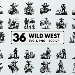 Könnte beinhalten: Ein Set mit 36 Schwarzweißillustrationen von Cowboys und anderen Wildwest-Charakteren. Die Illustrationen sind im Vintage-Stil gehalten und zeigen Cowboys auf Pferden, Cowboys mit Gewehren, Cowboys mit Hüten und andere Wildwest-Charaktere. Die Illustrationen eignen sich perfekt für die Verwendung in Scrapbooking, Kartenherstellung und anderen Bastelprojekten.