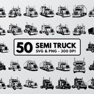 Könnte beinhalten: Ein Set mit 50 Schwarzweiß-Illustrationen von Sattelzugmaschinen. Die LKWs sind in verschiedenen Posen, darunter Fahren, Parken und das Ziehen von Anhängern. Die Illustrationen sind im Vektorformat und perfekt für die Verwendung in digitalen Projekten.