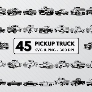 Pode incluir: Uma coleção de 45 ilustrações de silhuetas de caminhões de pick-up em preto e branco. O texto "45 Pickup Truck SVG & PNG - 300 DPI" está na parte inferior da imagem.