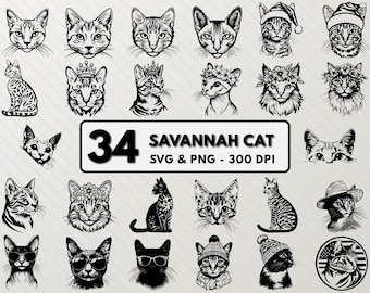 Savannah Cat SVG Bundle: Kitten Clipart, Line Art (PNG, Vector)