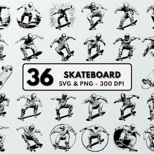 May include: A set of 36 black and white skateboard illustrations. The illustrations feature a variety of skateboarders in different poses and tricks. The text "36 Skateboard SVG & PNG - 300 DPI" is included in the image.