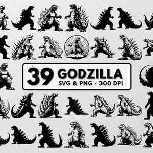 Pode incluir: Um conjunto de 39 ilustrações de silhuetas de Godzilla em preto e branco. As ilustrações estão em várias poses e apresentam o texto "39 Godzilla SVG & PNG - 300 DPI".