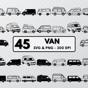 Pode incluir: Um conjunto de 45 ilustrações de vans em preto e branco. As vans são de vários estilos, incluindo vans de carga, vans de passageiros e vans de acampamento. O texto "VAN" e "SVG & PNG - 300 DPI" está incluído na imagem.