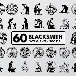 Puede incluir: Un conjunto de 60 ilustraciones vectoriales en blanco y negro de herreros trabajando con metal. Las ilustraciones son de estilo vintage y presentan diversas herramientas y técnicas de herrería. El texto "60 BLACKSMITH SVG & PNG - 300 DPI" está en la parte superior de la imagen.