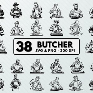 Puede incluir: Un conjunto de 38 ilustraciones en blanco y negro de carniceros en varias poses, sosteniendo cuchillos y cortando carne. Las ilustraciones son de estilo vintage y son perfectas para usar en una variedad de proyectos, como diseño de sitios web, gráficos de redes sociales y materiales impresos. El texto "38 BUTCHER SVG & PNG - 300 DPI" está en la parte inferior de la imagen.