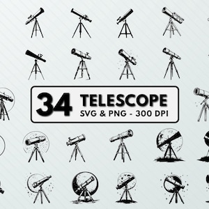 May include: A set of 34 black and white telescope illustrations. The illustrations are in a vintage style and feature telescopes on tripods. The text "34 Telescope SVG & PNG - 300 DPI" is at the bottom of the image.