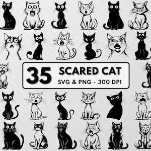 May include: A collection of 35 cartoon cat illustrations in black and white, each depicting a scared or surprised expression. The image includes the text "35 Scared Cat SVG & PNG - 300 DPI" in a white rectangle.