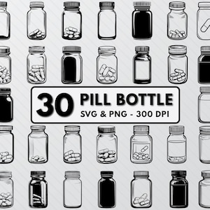 Pill Bottle Svg Bundle, Pill Bottle Silhouette, Pill Bottle Clipart Decal, Pill Bottle Outline Cut Files For Cricut, Pill Bottle Png Vector.