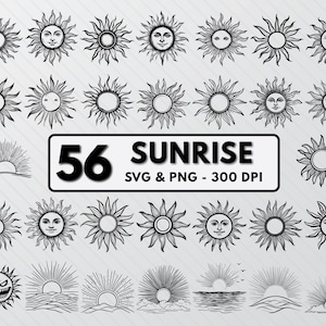 Op de afbeelding: Een set van 56 zwart-witte illustraties van zonsopgangen en zonnen. De illustraties zijn in vintage stijl en bevatten verschillende ontwerpen, waaronder zonnen met gezichten, zonnen met stralen en zonnen die opkomen boven de horizon. De tekst "56 SUNRISE SVG & PNG - 300 DPI" staat bovenaan de afbeelding.