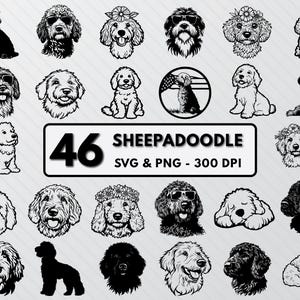 Könnte beinhalten: Ein Set mit 46 Schwarzweiß-Digitalillustrationen von Sheepadoodle-Hunden in verschiedenen Posen. Die Illustrationen eignen sich perfekt für Bastelprojekte, Scrapbooking und andere kreative Arbeiten.