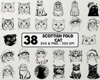 Scottish Fold Cat SVG Bundle: Kitten Clipart, Outline Cut File (PNG)