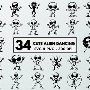 May include: A set of 34 black and white illustrations of cute aliens dancing. The illustrations are in a cartoon style and are perfect for use in digital projects or for printing.