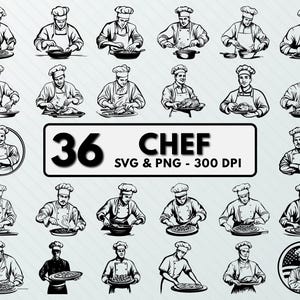 Pode incluir: Uma coleção de 36 ilustrações a preto e branco de chefs em várias poses de cozinha. Os chefs são retratados a preparar comida, a segurar pratos e a trabalhar num ambiente de cozinha. A imagem inclui o texto "36 CHEF SVG & PNG - 300 DPI".