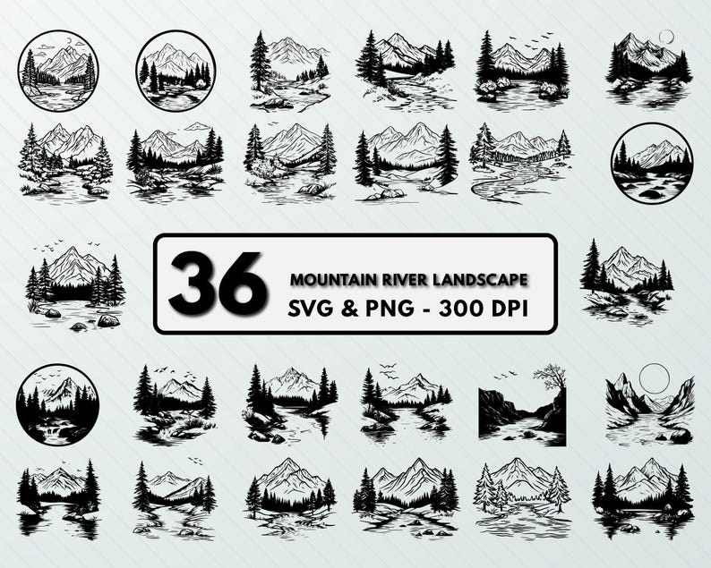 Mountain River Landscape SVG PNG Bundle: Silhouette Clipart (digital ...