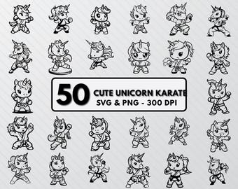 Unicorn Karate Silhouette SVG Bundle, Clipart PNG (58 Files)