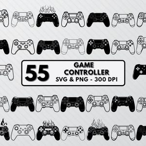 May include: A set of 55 black and white vector illustrations of game controllers. The illustrations are in a variety of poses, including some with flames. The text "GAME CONTROLLER SVG & PNG - 300 DPI" is at the bottom of the image.