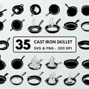 Può includere: Un set di 35 illustrazioni in bianco e nero di padelle in ghisa in varie posizioni, tra cui alcune con fiamme e vapore. Il testo "35 CAST IRON SKILLET SVG & PNG - 300 DPI" è in alto nell'immagine.