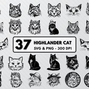 May include: A set of 37 black and white digital illustrations of Highlander cats in various poses. The illustrations include cats wearing hats, sunglasses, and other accessories. The text "37 HIGHLANDER CAT SVG & PNG - 300 DPI" is at the top of the image.