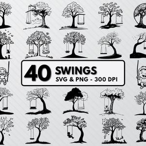 Op de afbeelding: Zwart-wit digitale illustraties van bomen met schommels. De afbeelding bevat 40 verschillende ontwerpen, sommige met kinderen of dieren op de schommels. De tekst op de afbeelding luidt "40 SWINGS SVG & PNG - 300 DPI".