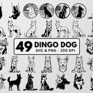 Puede incluir: Un conjunto de 49 archivos digitales SVG y PNG en blanco y negro que presentan varias ilustraciones de perros Dingo en diferentes poses. El texto "49 Dingo Dog SVG & PNG - 300 DPI" se muestra en la parte inferior de la imagen.