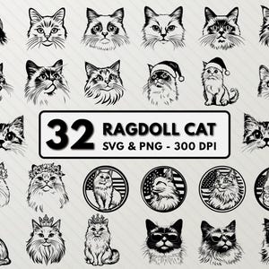 Ragdoll Cat Svg Bundle, Ragdoll Cat Silhouette, California Cat Breeds Svg Vector, Cute Kitten Svg Clipart Icon, Ragdoll Cat Outline Cut File