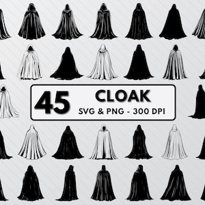 Può includere: Un set di 45 silhouette di mantelli in bianco e nero. I mantelli sono in vari stili e dimensioni. Il testo "CLOAK SVG & PNG - 300 DPI" è nella parte inferiore dell'immagine.