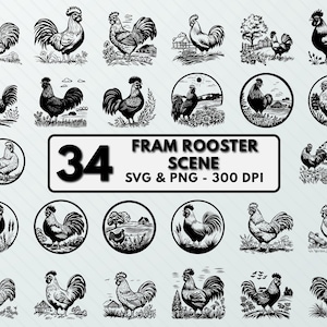 Hahn Szene SVG PNG: Bauernhof Clipart, Huhn Designs (Schnittdateien)