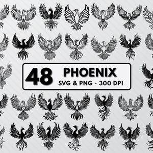 Könnte beinhalten: Ein Set mit 48 schwarzen und weißen Phoenix-SVG- und PNG-Dateien, perfekt für Bastel- und Designprojekte. Die Dateien haben 300 DPI und zeigen eine Vielzahl von Phoenix-Designs.