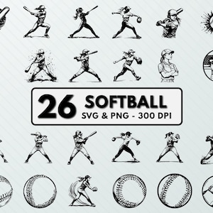 May include: A set of 26 black and white softball player illustrations. The illustrations are in a variety of poses, including batting, pitching, catching, and running. The text "26 Softball SVG & PNG - 300 DPI" is at the bottom of the image.