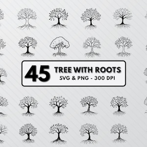 Può includere: Un set di 45 illustrazioni vettoriali in bianco e nero di alberi con radici. Gli alberi sono in vari stili e dimensioni. Il testo "45 Tree With Roots SVG & PNG - 300 DPI" è in fondo all'immagine.