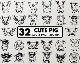 Cute Pig Svg Bundle, Cute Pig Silhouette, Cute Funny Pig Svg Decal Vector, Cute Floral Pig Png Clipart, Funny Peeking Pig Outline Cut Files