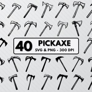 Könnte beinhalten: Ein Set mit 40 Schwarzweiß-Pickaxe-SVG- und PNG-Dateien, jede mit einem anderen Design. Die Dateien haben 300 DPI.