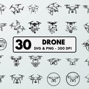 May include: A set of 30 black and white drone SVG and PNG files, perfect for crafting projects. The image shows a variety of drone designs, including drones with propellers, drones with cameras, and drones with flowers.