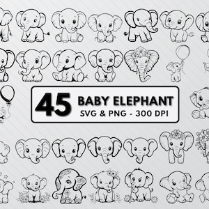 May include: A set of 45 black and white baby elephant illustrations. The illustrations are in various poses, including standing, sitting, and playing. The text "45 Baby Elephant SVG & PNG - 300 DPI" is at the top of the image.