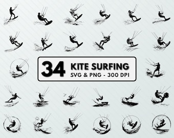 May include: A set of 34 black and white silhouette illustrations of people kite surfing. The illustrations are in a variety of poses and are set against a white background. The text "34 KITE SURFING SVG & PNG - 300 DPI" is at the bottom of the image.