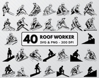 Roof Worker Silhouette SVG Bundle: Roofer Clipart, Constructor Outlines (PNG, Cricut)