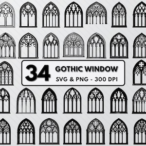 May include: A set of 34 black and white gothic window SVG and PNG files, 300 DPI. The windows are in various styles and sizes.